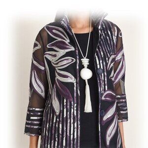 CHICOS Travelers Collection Semi Sheer Floral Striped Embroidered Jacket Shirt